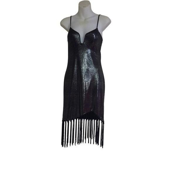 SMALL Sparkling Metallic Fringe Mini Dress Spaghetti Strap VNeck Party Night Out - Picture 4 of 13
